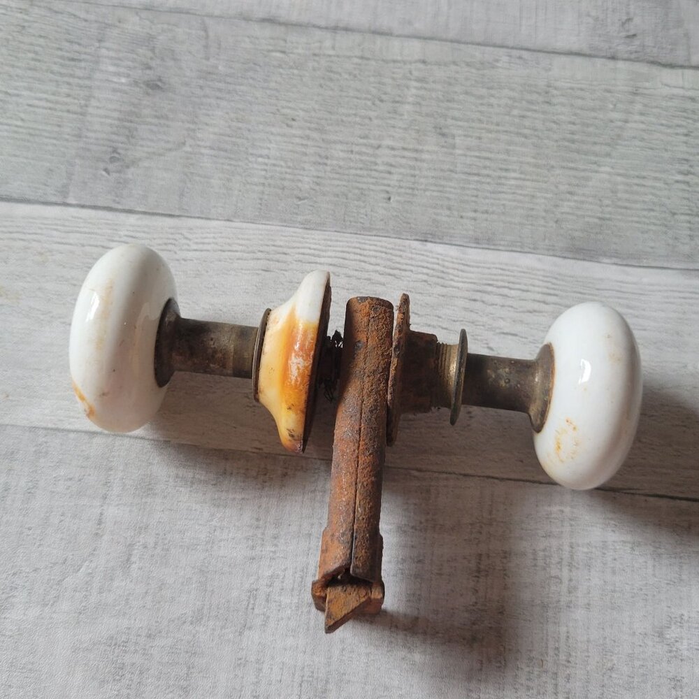 Vintage Porcelain & Metal Door Knob Set With Rusted Hardware Restoration Decorat